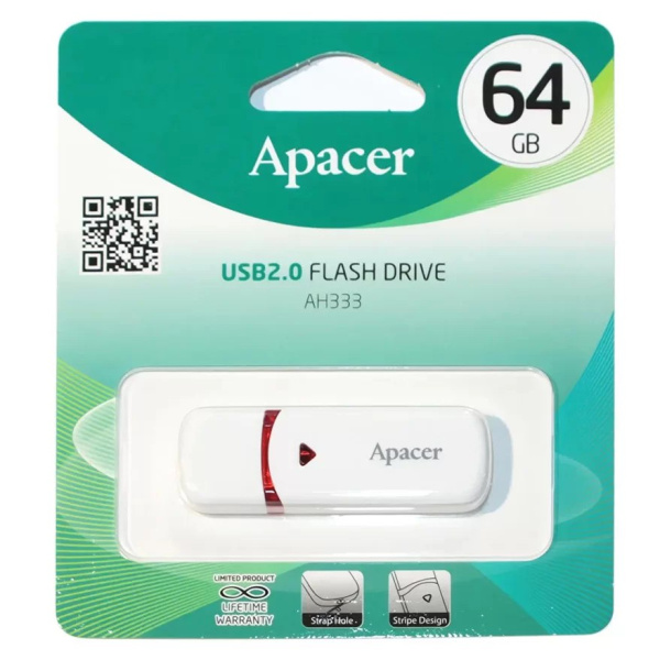 USB-накопитель, Apacer, AH333,AP64GAH333W-1,64GB,USB 2.0, Белый