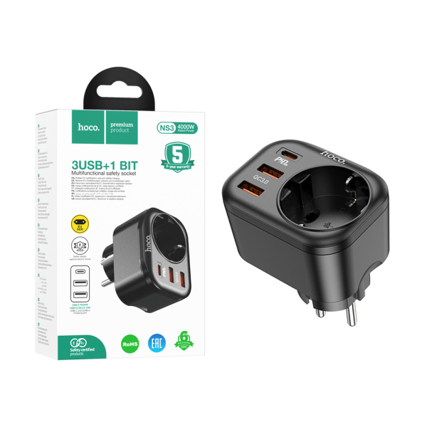 Сетевой фильтр Hoco NS3, 4000W, 2xUSB, Type-C