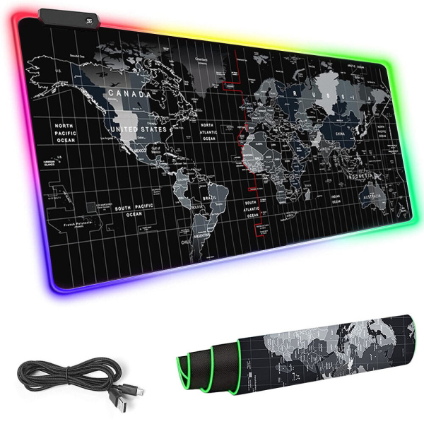 Коврик игровой LED 80*30*0.4 Карта мира, +1USB, RGB-окантовка, USB